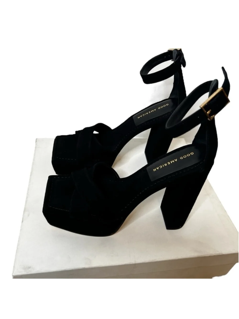 Good American Black Suede Ankle Strap Chunky Platform Sandal Heels Size 9